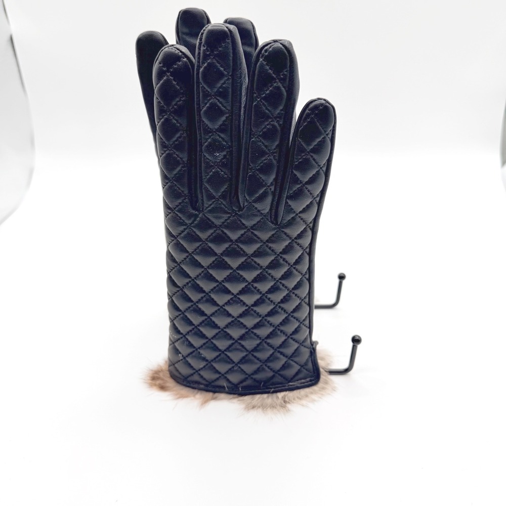 VIKIDEER Quilted Leather Gloves Women M Black Rabbit Fur Trim Cashmere Lined NEW - Picture 2 of 10